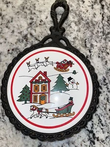 Vintage Cast Iron & Ceramic Trivet Christmas Santa, Reindeer, Snowman Orien - Picture 1 of 4