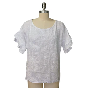 White Linen Top Size S Italy Flutter Ruffle Sleeve Embroidered Valentina Naldi  - Picture 1 of 7