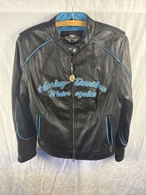womens harley davidson leather motorcycle jacket black baby blue Sz 18-20 - Image 1 of 4