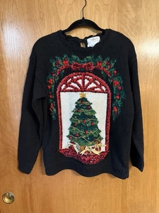 Talbots VTG Sweater Knitted By Hand Christmas Tree Petites Small Black - Picture 1 of 7