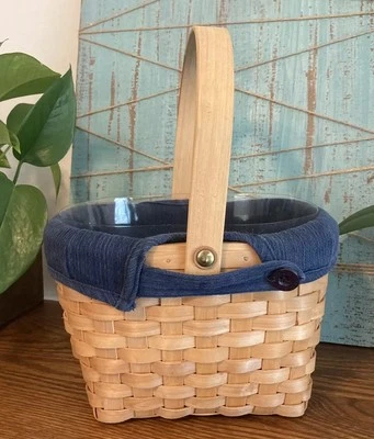 Taskets Renaissance Wooden Small Fruit Basket With Blue Cloth Liner 8 x 6.5 x 5” - Image 1 of 4