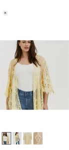 Yellow Torrid Boho Lace Scalloped Kimono Size 1x/2x Plus Size Open Cardigan - Afbeelding 1 van 6