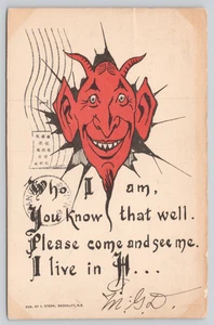 Postcard Devil Face Poem Who I Am You Know That Well Come See Me I Live in Hell - Picture 1 of 2