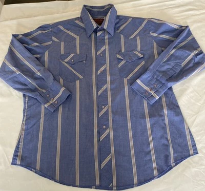Camisa XLONG Cambray Wrangler RUSTLER Para Hombres De Colección Perla Occidental Broches a Rayas Foto 1 de 4