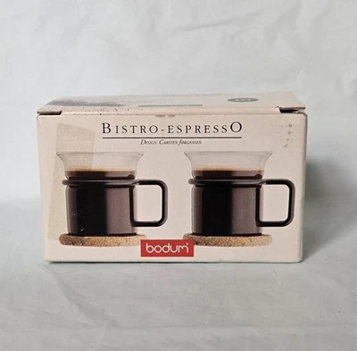 Juego de 2 tazas de café espresso Bodum Bistro con posavasos de corcho NUEVO vintage Carsten Jorgensen Foto 1 de 4