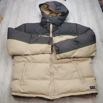 Y2K Fila Men’s Puffer Down Jacket XXL Detachable Hood Colourblock Beige Charcoal - Image 1 of 4