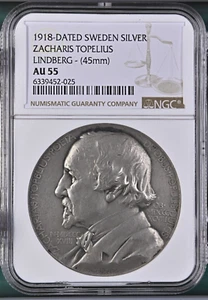 1918-DATED SWEDEN SILVER ZACHARIS TOPELIUS LINDBERG - (45mm) -NGC AU 55 - Picture 1 of 4