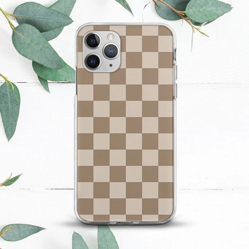 Beige Brown Checkered Geometry Case For iPhone 8 X SE 11 12 13 14 15 Pro Max XR - Image 1 of 1