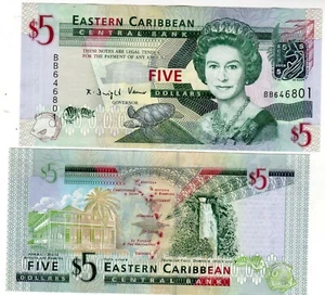 Caraïbes EAST CARIBBEAN Billet 5 Dollar 2008 P47 QEII Reine Elisabeth 2 Neuf Unc - Imagen 1 de 1