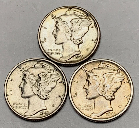 (3) 1941-D Mercury Dimes ***VF/EF*** Some Toning Cover