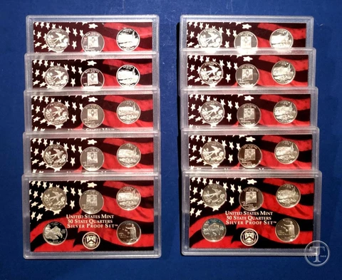 2008 S Silver Quarter Proof Sets - TEN SET LOT- 50 COINS-90% Silver-NO Box/COA Cover