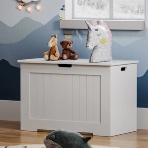 Large Toy Box Kid's Room Storage White Wooden Bedroom Chest Lid Baby Clothes Box - Picture 1 of 12