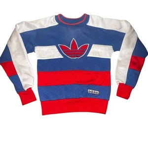 Vintage 80s Adidas Trefoil red white blue Striped  Crewneck Sweatshirt youth SM - Picture 1 of 7