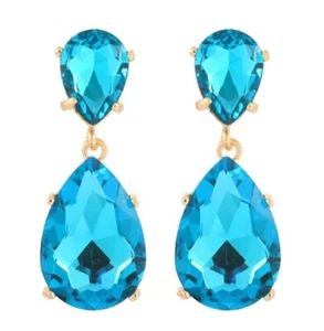Large Turquoise Blue Crystal Teardrop  Drop Dangle Fashion Statement Earrings  - Picture 1 of 6