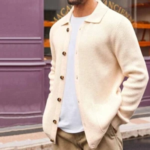 Neu Herbst Herren lässig locker reine Farbe Revers einreihig Strick Cardigan Top - Bild 1 von 9