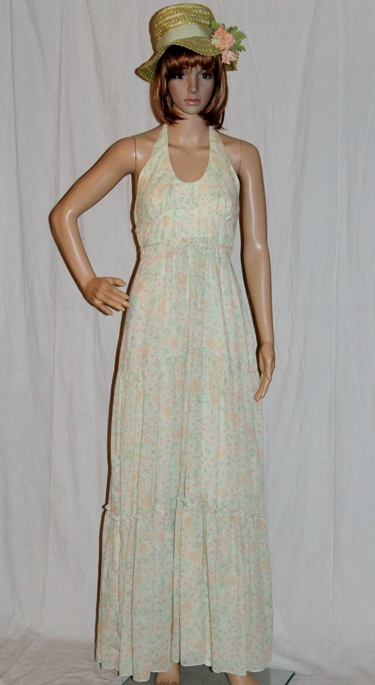 Maxi Vestido Vintage Años 70 Halter Top Cottage Core Bohemio Boda Volantes Pequeño Foto 1 de 4