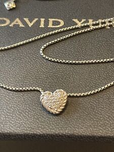 David Yurman 925 Sterling Silver Petite Pave Diamond Heart Pendant Necklace  