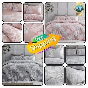 Reversible Grey Quilt Bedding Blush Pink Floral Duvet Cover Single Double King - Picture 1 of 15