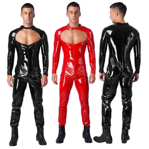 Men's Jumpsuit Sexy Wet Look Overalls Open Front Catsuits Long Bodysuit Clubwear - Picture 1 of 24