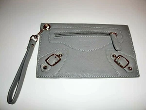 NWOT~BCBG PARIS~GREY LEATHER~GOLD METALLIC HARDWARE~LOGO~Wristlet 8"Lx5"H~CUTE - Picture 1 of 5