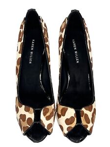 Karen Millen Leopard Print Stiletto Heels Size 7.5 Women Calf Fur Black Tan 39.5