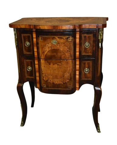 Antique French Inlaid Two Drawer Commode w/Brass Ormolu Cover