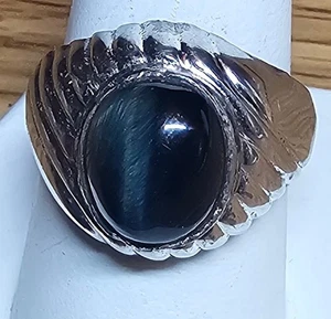 STERLING SILVER*CATS EYE RING*CHRYSOBERYL*VINTAGE*SIZE 10*STAMP UNCAS MFG*BLACK* - Picture 1 of 6