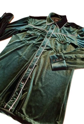 PHIX Western Mens Shirt Size Medium Green W/ White Piping 70’s 100% Velvet - Image 1 of 4