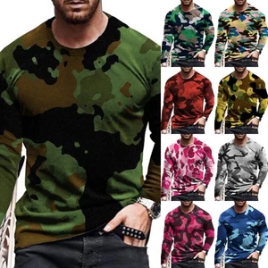 Men's Top Camouflage Print T Shirts Crew Neck Casual Long Sleeve Daily Wear Tee❤ - Picture 1 of 21
