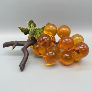 Vintage MCM Amber Orange Large Lucite Acrylic Grapes Cluster on Wood Stem - Picture 1 of 8