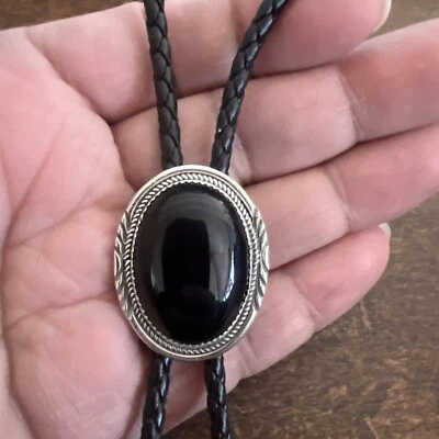 Native American Navajo Bolo Tie Medium Black Onyx Native American Ties Zuni # 5 - Image 1 of 4