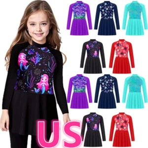 US Kids Girls Long Sleeve Swim Dress Floral Print Swimsuit Rash Guard Swim Dress - Picture 1 of 53