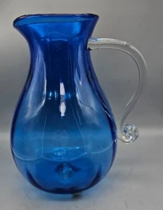 Blenko Hand Blown Glass Pitcher Cobalt Blue And Clear 10" Tall With Sticker - Picture 1 of 11