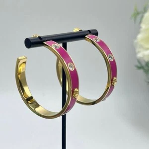 Kurt Geiger Signed Fuchsia Enamel Eagle & Crystal Hoop Post Earrings - Picture 1 of 15