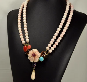 Halskette Gelbgold 18 KT Mit Koralle Pink Blume Amethyst Und Türkis Ogln 0110 - Bild 1 von 3