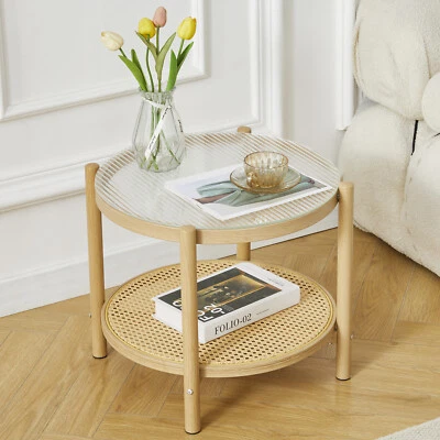 Modern Round Rattan Glass Metal Coffee Table Small 2-Tier End Table Living Room - Image 1 of 4
