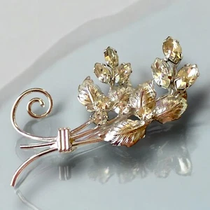 Sterling Silver Leaf Brooch Austrian Crystals Signed  Tru-Kay Vintage 1950s Rare - Picture 1 of 10