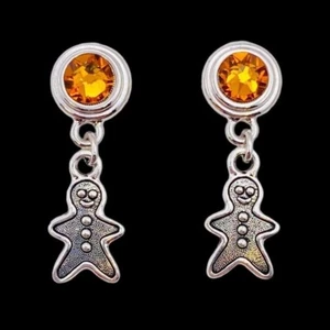 Topaz Brown Swarovski Crystal Pewter Gingerbread Man Christmas Earrings - Picture 1 of 6