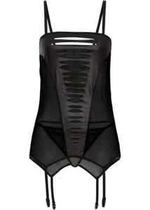 Black Basque & Thong Set Size Small 10 / 12 Fishnet & Sexy Slash open front - Picture 1 of 3