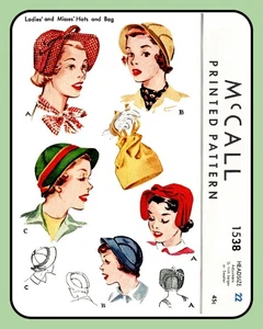 Vintage 1950's Adjustable Hat Pattern Cloche Bonnet w Bag McCall 1538 - Picture 1 of 5