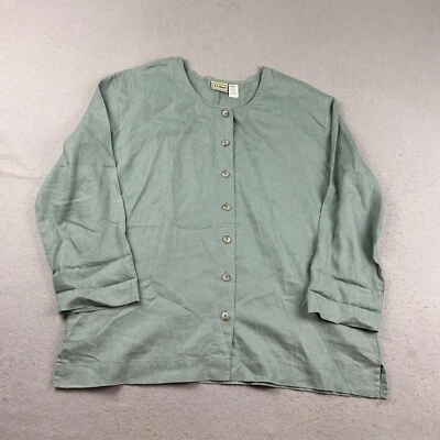 LL Bean Shirt Womens LP Green Linen 3/4 Sleeves Collarless Button Up Tunic Top - Image 1 of 4
