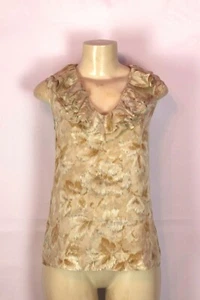 TALBOTS BRAND BEIGE MULTI COLOR RUFFLE TRIM NECKLINE SILK BLOUSE SIZE 12P - Picture 1 of 3