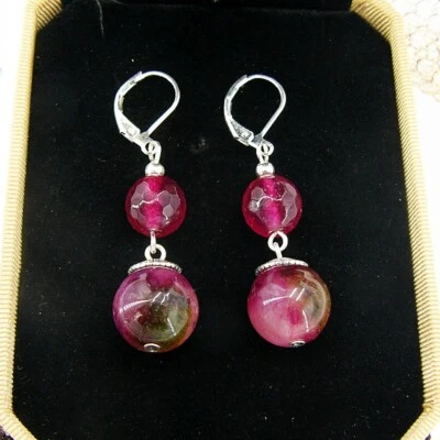 OPERHAUS Pfirsichblüte Jade & Rubin Ohrringe Ohrhänger earrings Klappbrisuren - Bild 1 von 2