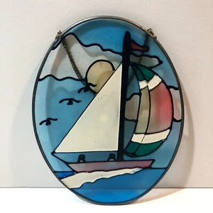Sailboat Vintage Metal Stained Glass Hanging Panel Handcrafted Leaded 5 1/3” x7 - Picture 1 of 6
