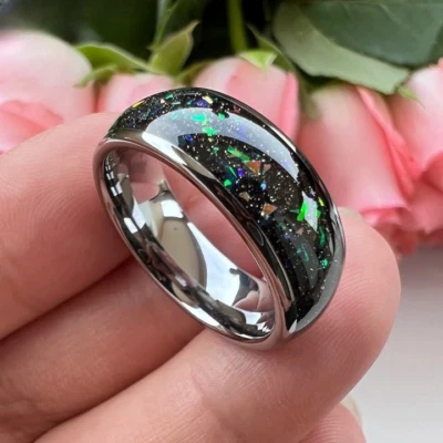 Anillo con incrustación de ópalo galaxia de carburo de tungsteno de 8 mm anillo pulido abovedado de boda Foto 1 de 4