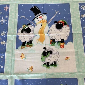 First Snow Snowman Sheep Quilt Blue Teal  35" Panel 100% Cotton Winter - Picture 1 of 7
