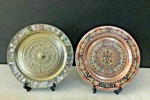 Pair VTG 80’s Mexico Cooper/Abalone/Mother Pearl Aztec Calendar 8” Wall Plates - Picture 1 of 4
