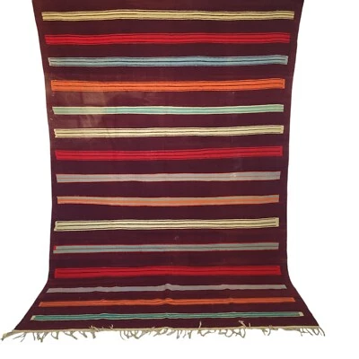 Alfombra de lana marroquí hecha a mano azul rojo naranja rayas flecos alfombra tribal bereber Foto 1 de 4