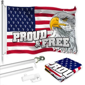 G128 Combo: 6Ft Flagpole Silver & USA Proud & Free Eagle Flag 3x5Ft Printed Poly - Picture 1 of 9