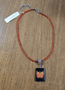 Vintage Amy Kahn Russell Hand Painted Russian Butterfly Onyx Pendant Necklace - Picture 1 of 11